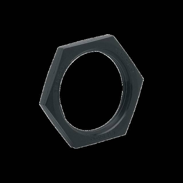 Eine schwarze sechseckige Mutter vor einem einfarbigen Hintergrund.