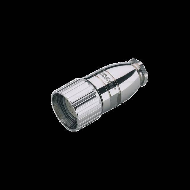 Ein metallischer Duschkopf mit elegantem, modernem Design, der eine zylindrische Form und eine glänzende Chrom-Oberfläche aufweist.