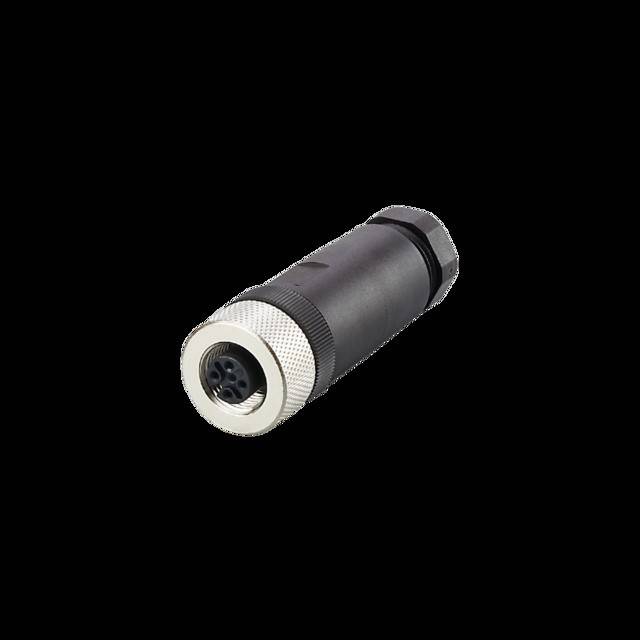 Ein schwarzer zylindrischer elektrischer Verbinder mit einem metallischen Verriegelungsring und mehreren Anschlusspunkten an einem Ende, isoliert auf schwarzem Hintergrund.