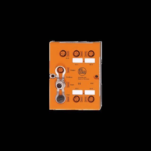 Ein orangefarbenes elektronisches Gerät mit mehreren Anschlüssen und Tasten, gekennzeichnet mit der Marke 'ifm'. Entwickelt für industrielle Konnektivität.