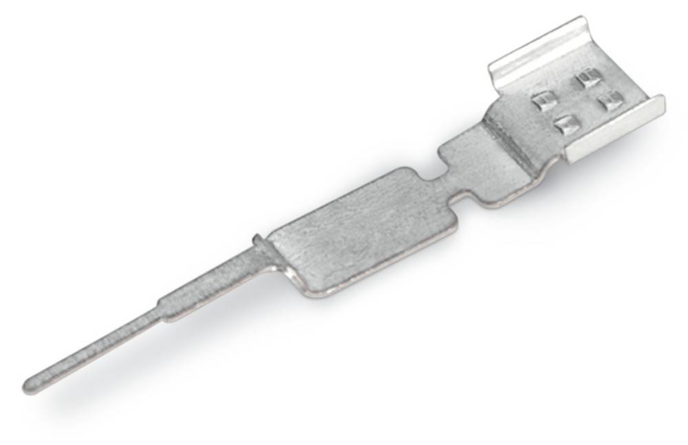 Ein Nahaufnahmebild eines kleinen Metall-Verbindungsstücks oder Pins, das typischerweise in der Elektronik zur Herstellung elektrischer Verbindungen verwendet wird.