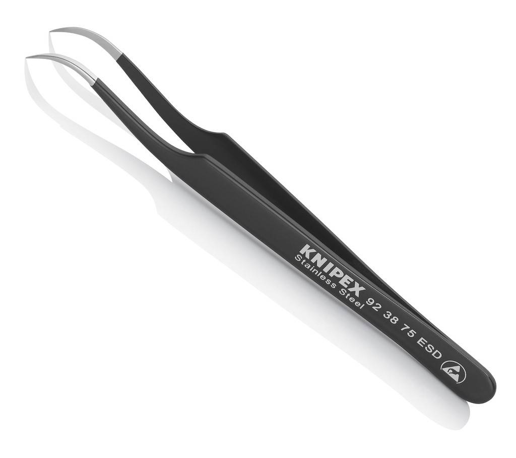 Edelstahlpinzette mit abgewinkelten Spitzen, gekennzeichnet mit „KNIPEX 92 38 75 ESD