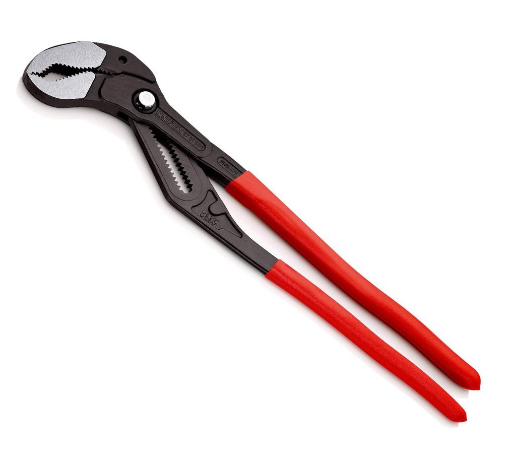 87 01 400 KNIPEX Cobra XLGrößere Greifweite aber viel geringeres Gewicht als vergleichbare Rohrzangen. Schnelle Einstellung per Knopfdruck direkt am