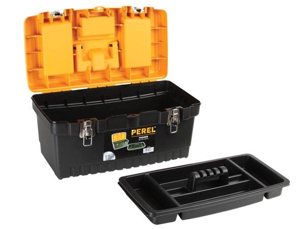 Perel Werkzeugkasten, Polypropylen, herausnehmbarer Werkzeugträger, 3 Organizer im Deckel, aufklappbarer Tragegriff, Metallverschlüsse, Schwarz/Gelb