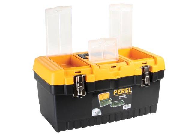 Perel Werkzeugkasten, Polypropylen, herausnehmbarer Werkzeugträger, 3 Organizer im Deckel, aufklappbarer Tragegriff, Metallverschlüsse, Schwarz/Gelb