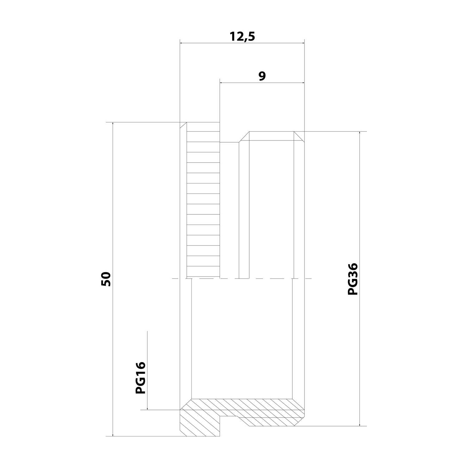Technische Zeichnung eines zylindrischen Objekts mit drei Abschnitten, beschriftet mit „12,5