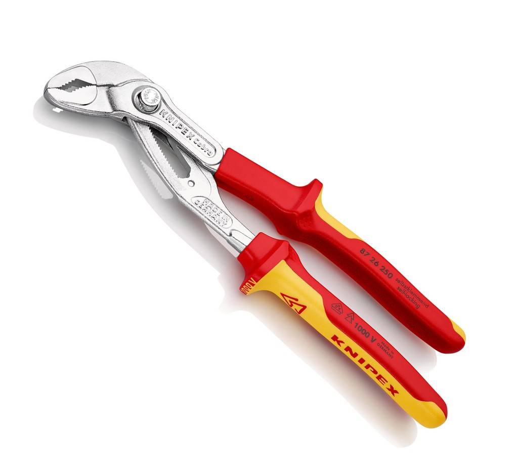 87 26 250 KNIPEX Cobra VDEEinstellung durch Anschieben direkt ans Werkstück schnelle, sichere und bequeme Handhabung. Feinverstellung ermöglicht opt