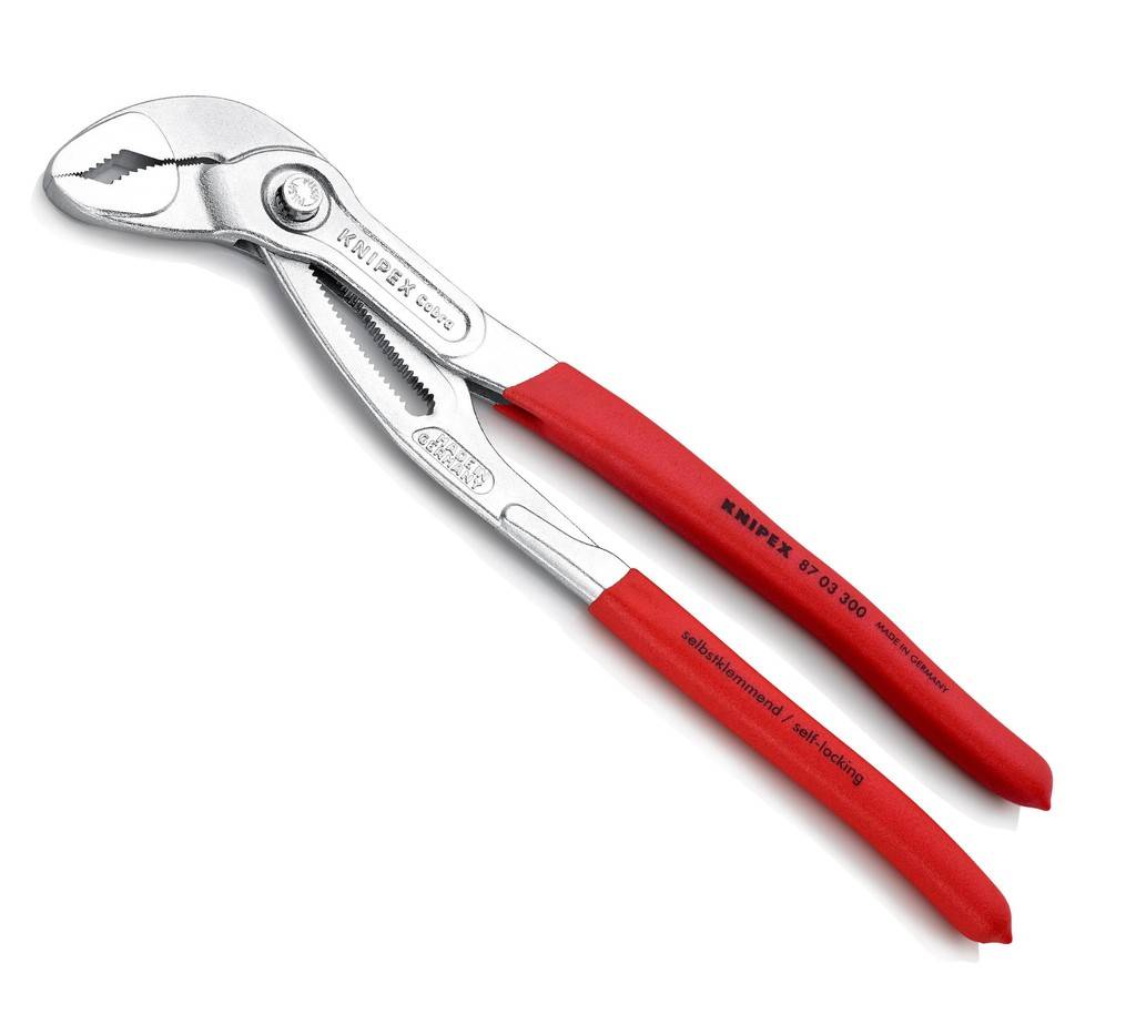87 03 250 KNIPEX CobraEinstellung per Knopfdruck direkt am Werkstück. Feinverstellung für optimale Anpassung an verschiedene Werkstückgrößen und