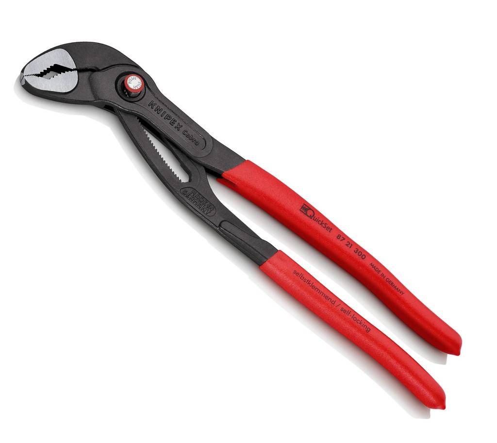 87 21 300 KNIPEX Cobra QuickSetGanz öffnen, zuschieben, zupacken Zusätzliche Schnelleinstellung an das Werkstück durch Zuschieben. Verbindet das be
