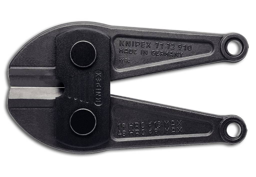 Schwarzer Knipex-Bolzenschneider-Kopf mit zwei Schneidzähnen und Drehlöchern, dargestellt vor weißem Hintergrund.