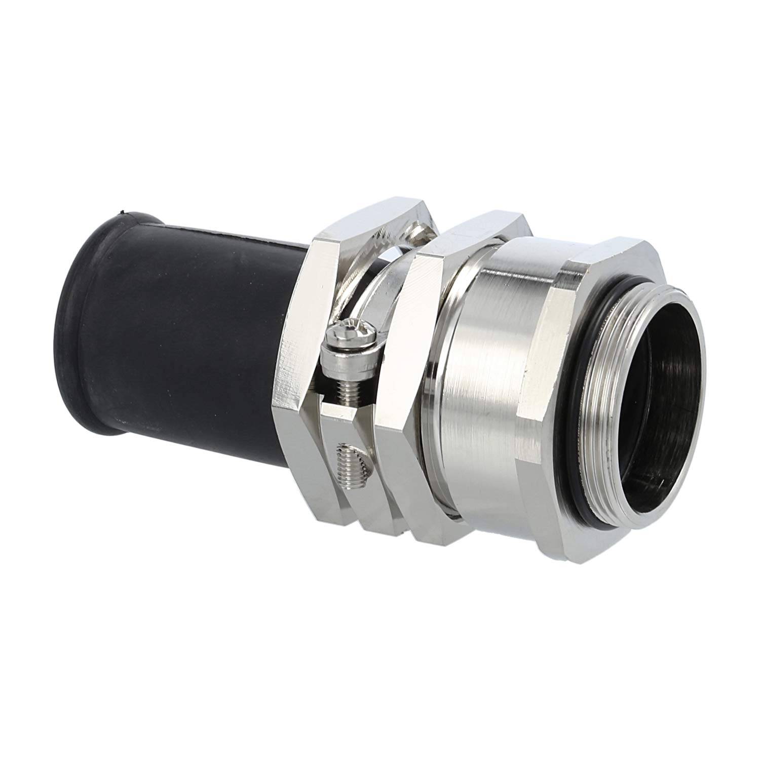 Metallisches Verschraubungsstück mit Sechskantmuttern, entwickelt zum Befestigen und Abdichten von Kabeln in industriellen oder elektrischen Anwendungen.