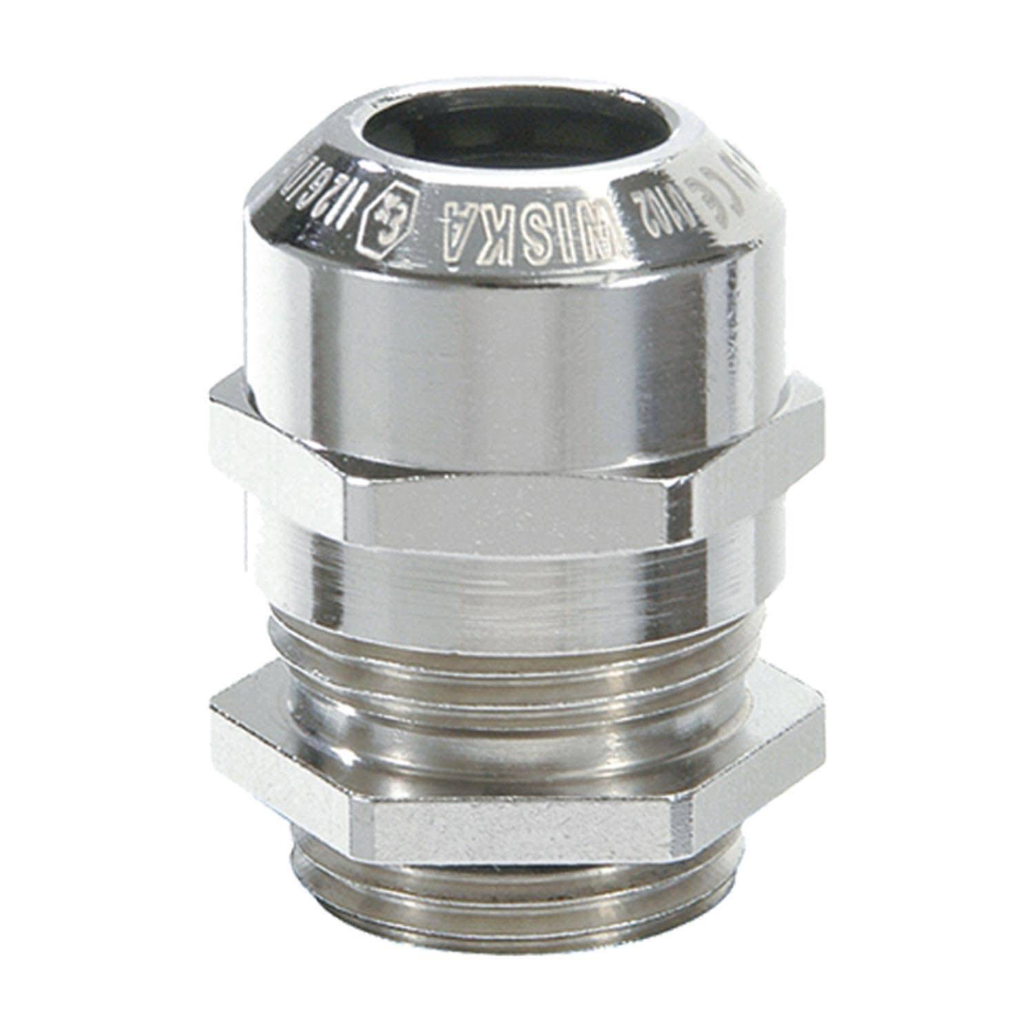 Eine Metallkabelgartung mit Gewindekörper und Sechskantmutter, konzipiert zum Abdichten von Kabeln in elektrischen Schränken, mit polierter Oberfläche.