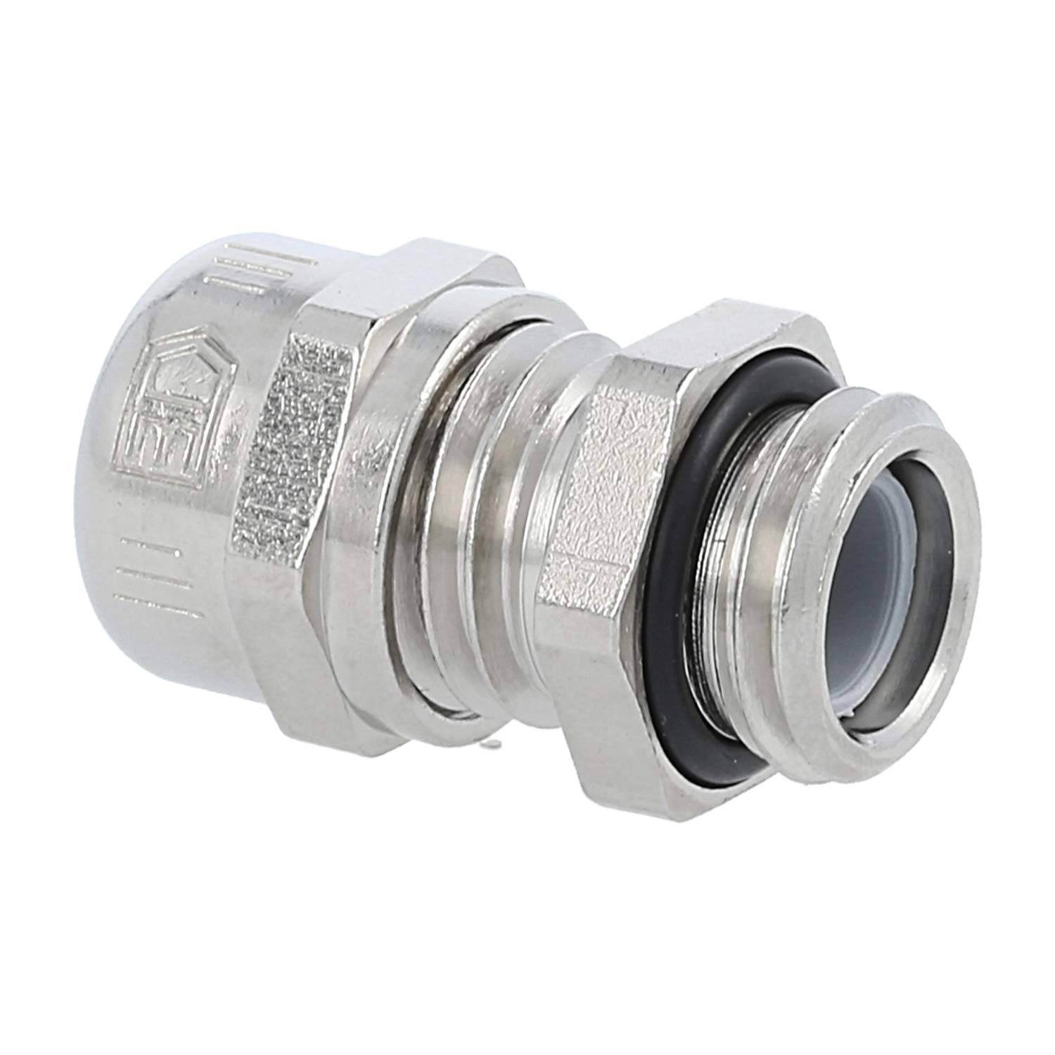 Ein Stahlkompressor mit Gewindeabschnitten und Gummidichtung, verwendet zum Befestigen von Kabeln in elektrischen Anwendungen.