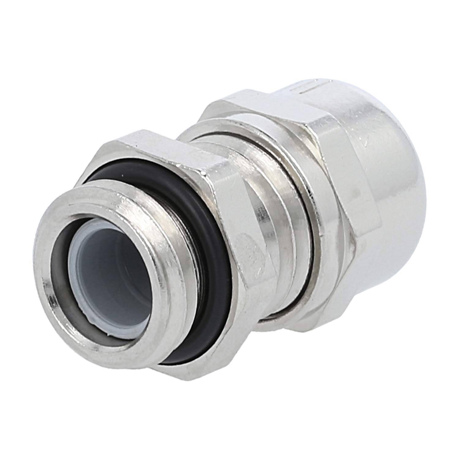 Eine Metallkabelmuffe mit gewindelichtem Körper und Gummiring, die zum Befestigen und Abdichten von Kabeln in elektrischen Gehäusen verwendet wird.