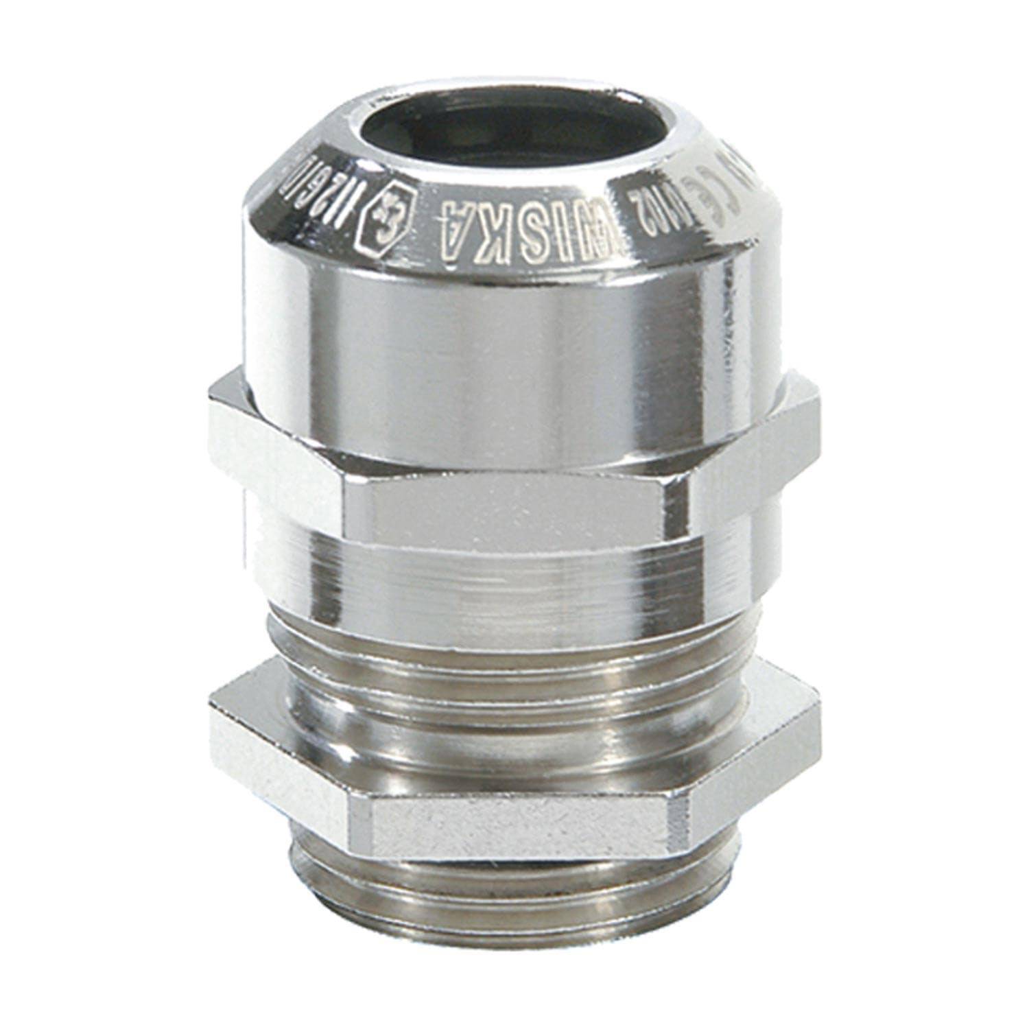 Ein metallisches Gewindestutzen mit Gewinde, Sechskantmutter und Markierungen, die Spezifikationen angeben. Wird zum Befestigen von Kabeln in elektrischen Anlagen verwendet.