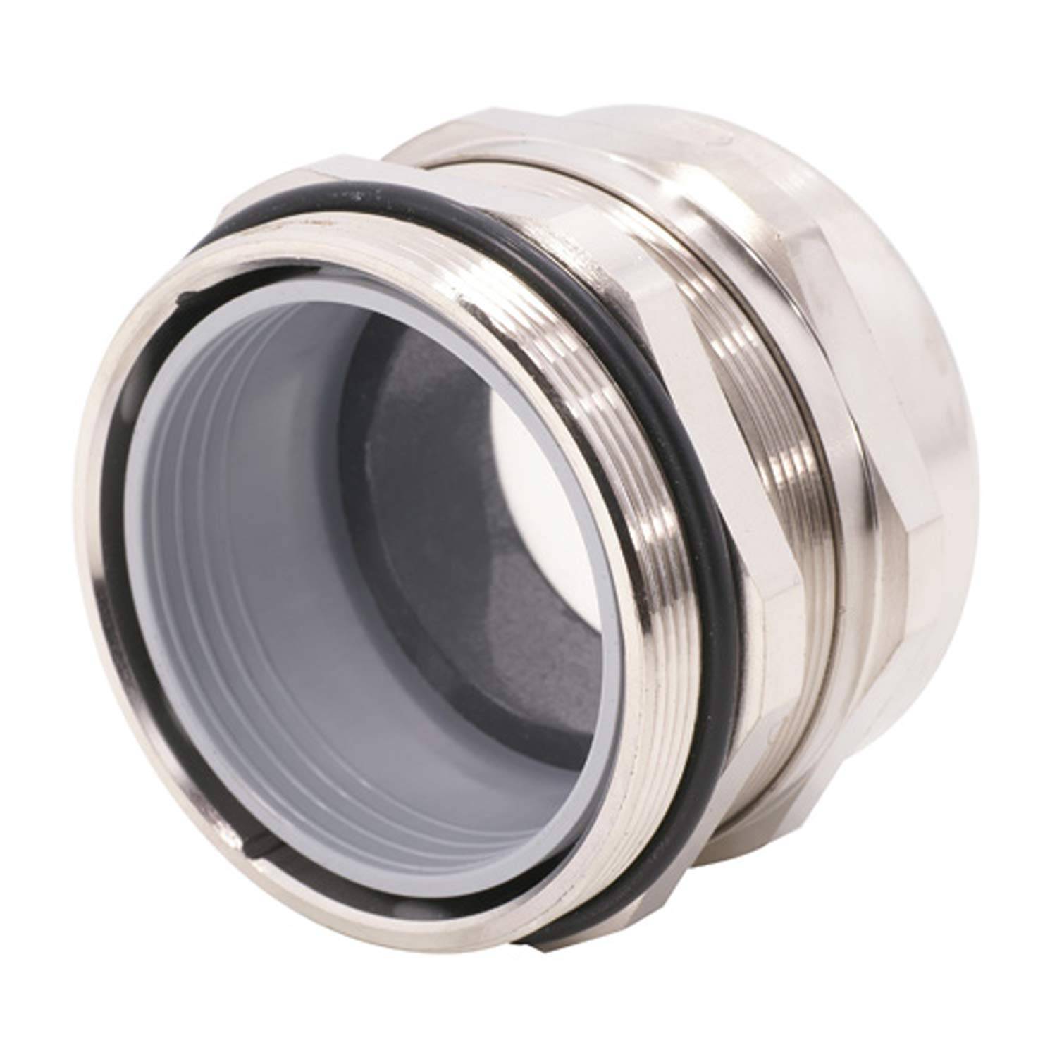 Eine Metallkabelmuffe mit Gewindedesign und einem schwarzen Gummiring zur Abdichtung. Sie wird verwendet, um Kabel durch Wandler zu sichern.