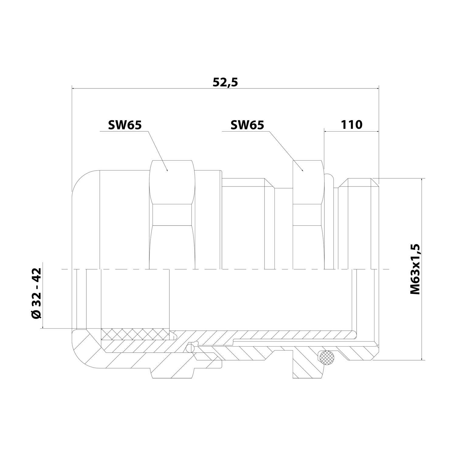 Technisches Diagramm einer mechanischen Komponente mit Abmessungen: 52,5, 110, Ø32-42, SW65 x 2, M63x1,5. Zeigt Querschnittsansicht.