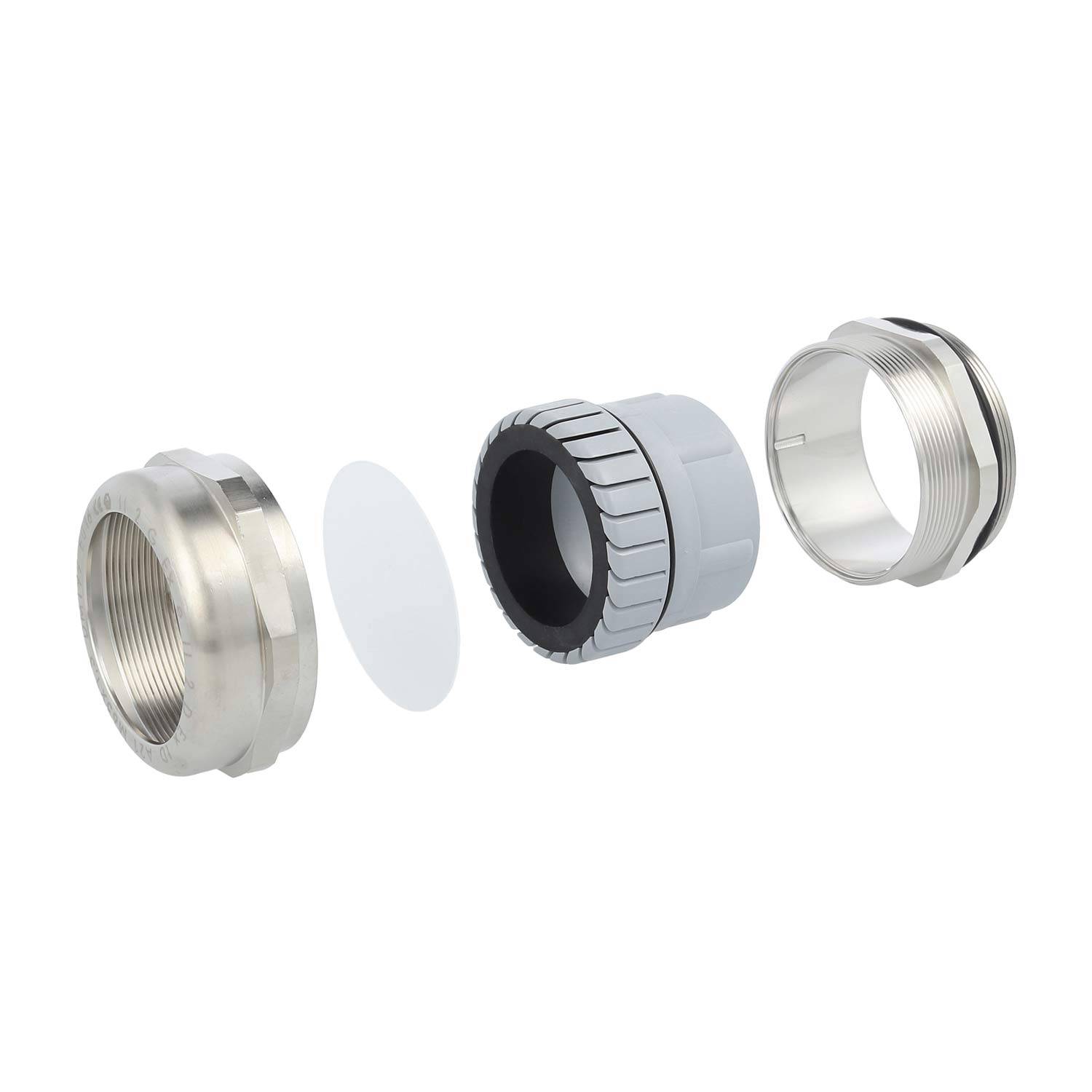 Komponenten der Metallkabeleinführung zerlegt: Gewindelkörper, Dichtungsscheibe, Klemmring und Kontermutter, in Reihenfolge angeordnet.