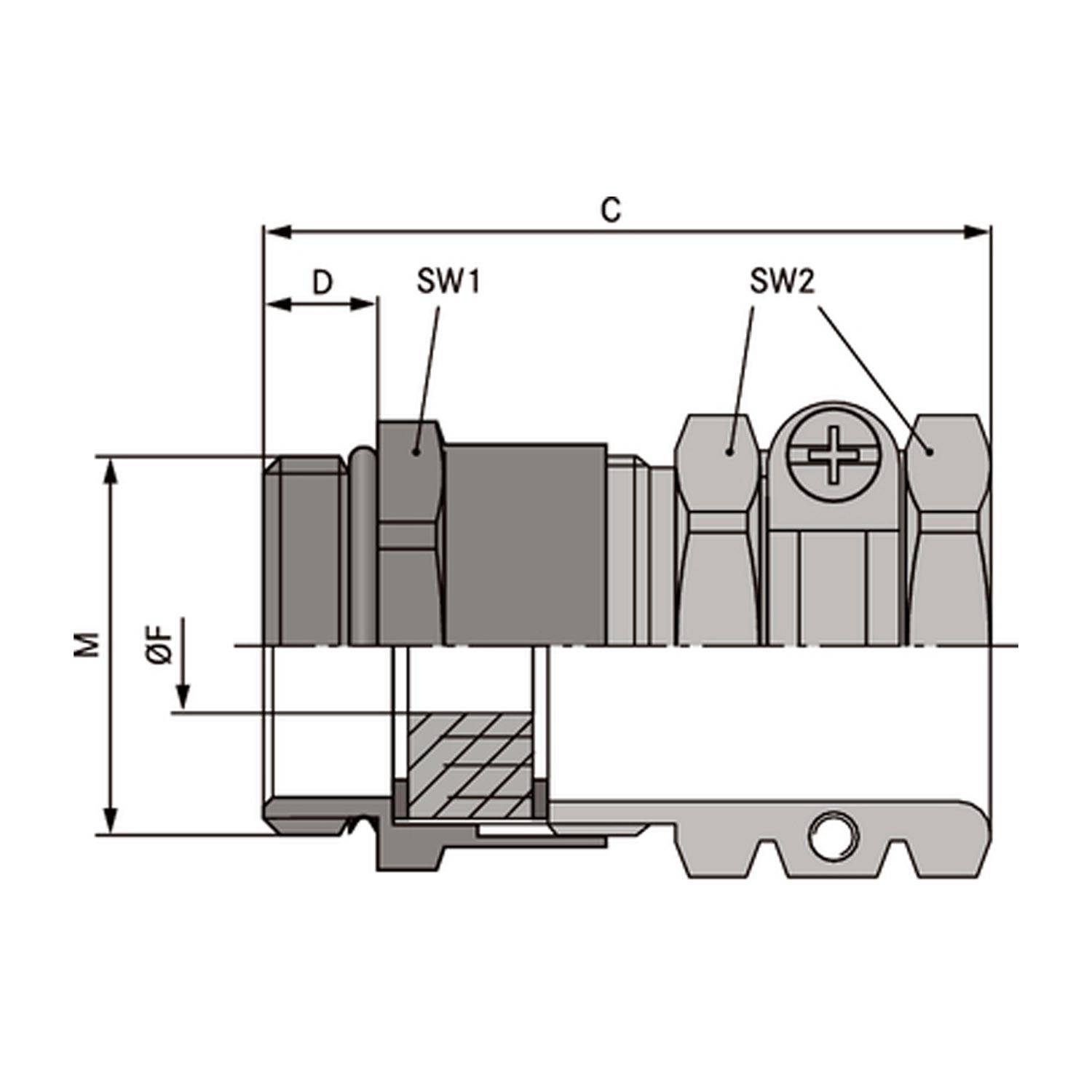 Technisches Diagramm einer mechanischen Komponente mit gekennzeichneten Abmessungen C, D, M, ØF, SW1 und SW2, das ein detailliertes Konstruktionslayout zeigt.