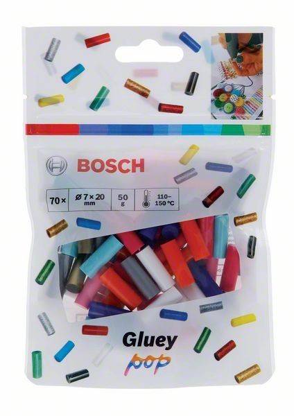 Eine Packung Bosch Gluey Klebestifte in verschiedenen Farben, Größe 7x20 mm, Gewicht 50g.