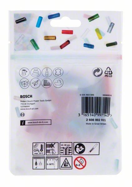 Eine transparente Plastiktüte mit verschiedenfarbigen Kabelverbindern. Markensymbole und Recycling-Zeichen sind auf der Tüte gedruckt, zusammen mit Kontaktinformationen von Bosch.