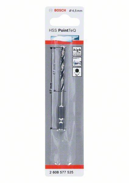 Ein verpackter Metallbohrer mit der Aufschrift 'HSS PointTeQ' und 'hochgeschwindig', 87 mm lang mit einem Durchmesser von 4,7 mm.