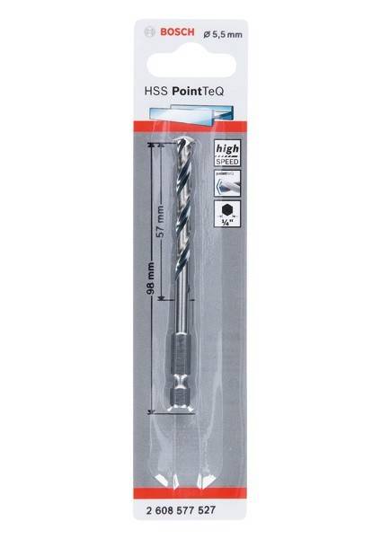 Ein Metallbohrer mit der Aufschrift 'HSS PointTeQ' auf der Verpackung, misst 98 mm und 57 mm mit Symbolen für Hochgeschwindigkeit und 1/4