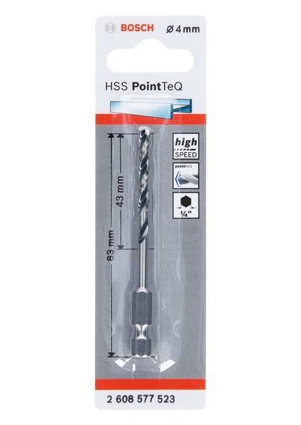 Bohrer-Verpackung mit Aufschrift 'HSS PointTeQ'. Abmessungen: 83 mm Länge, 43 mm Verdrehungsabschnitt. Geeignet für Hochgeschwindigkeitsbohren.
