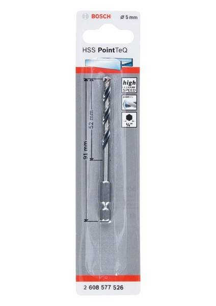 Eine Verpackung eines Bosch HSS PointTeQ Bohrers mit den Abmessungen '91 mm x 52 mm' und der Eigenschaft 'Hochgeschwindigkeit' vermerkt.
