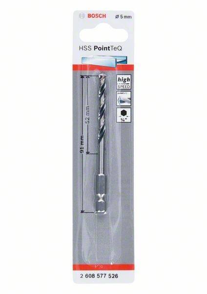 Das Bild zeigt einen verpackten HSS-PointTeQ-Bohrer mit einem Durchmesser von 5,2 mm und einer Länge von 91 mm, der über 'High-Speed'-Eigenschaften verfügt und sich für Holz, Metall und Kunststoff eignet.