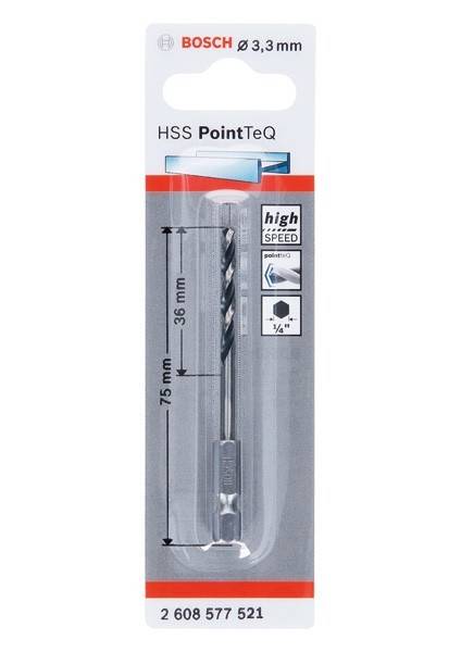 Ein Hochgeschwindigkeitsstahl-Bohrer mit der Bezeichnung 'HSS PointTeQ' ist in seiner Verpackung mit Maßen von 36 mm und 75 mm abgebildet.