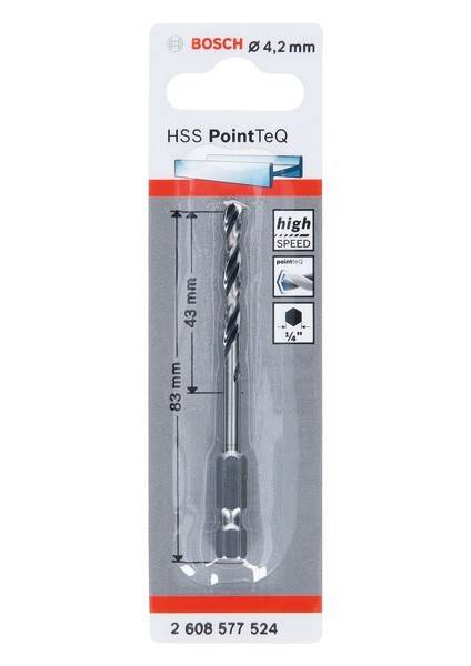 Ein Stahlbohrer mit der Aufschrift 'HSS PointTeq', verpackt in einer Plastikumhüllung mit einer Länge von 83 mm und 43 mm. Enthält einen 'Hochgeschwindigkeits'-Anhänger.
