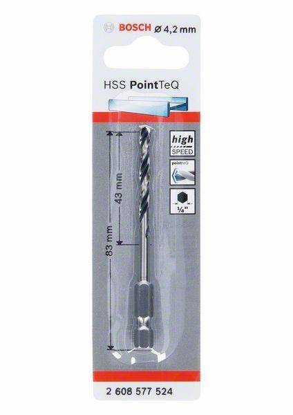 Bohrer-Paket mit der Bezeichnung 'HSS PointTeQ', mit 83 mm Länge, 43 mm Verdrehung, 'High-Speed'-Branding, geeignet für 1/4-Zoll-Bohrer.