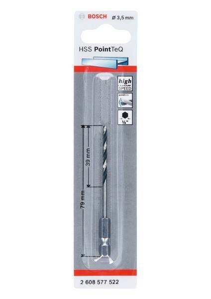 Bohreinsatz 'Bosch HSS PointTeQ' in Verpackung, gezeigt mit Abmessungen: 79 mm Länge, 39 mm Spitzenlänge, beschriftet als 'hochgeschwindig'.