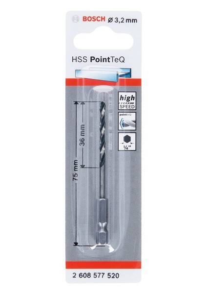 Ein Paket mit HSS PointTeQ Metallbohrer, 75 mm lang, mit einer Schnittlänge von 36 mm, gekennzeichnet als „Hochgeschwindigkeit