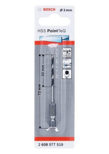 Bohrer-Verpackung beschriftet mit HSS PointTeQ. Hochgeschwindigkeitsbohrer, 72 mm Länge, 33 mm Schneidkante. Geeignet für 1/4-Zoll-Bohrer.