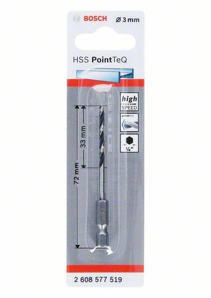 Ein verpacktes HSS PointTeQ Bohrbit mit einer Länge von 72 mm und 33 mm Nut. Die Verpackung hebt die Eignung für hohe Geschwindigkeiten und eine 1/4