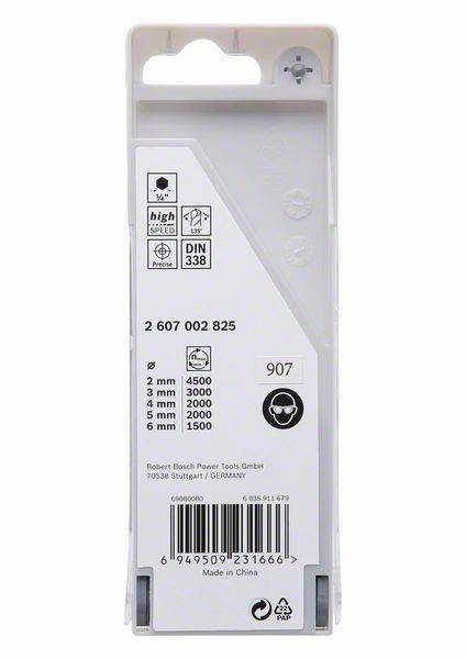 Verpackung von Bosch Hochgeschwindigkeits-Bohrern, Artikelnummer 2 607 002 825, mit Details zu Größen: 2mm, 3mm, 4mm, 6mm; hergestellt in Deutschland.