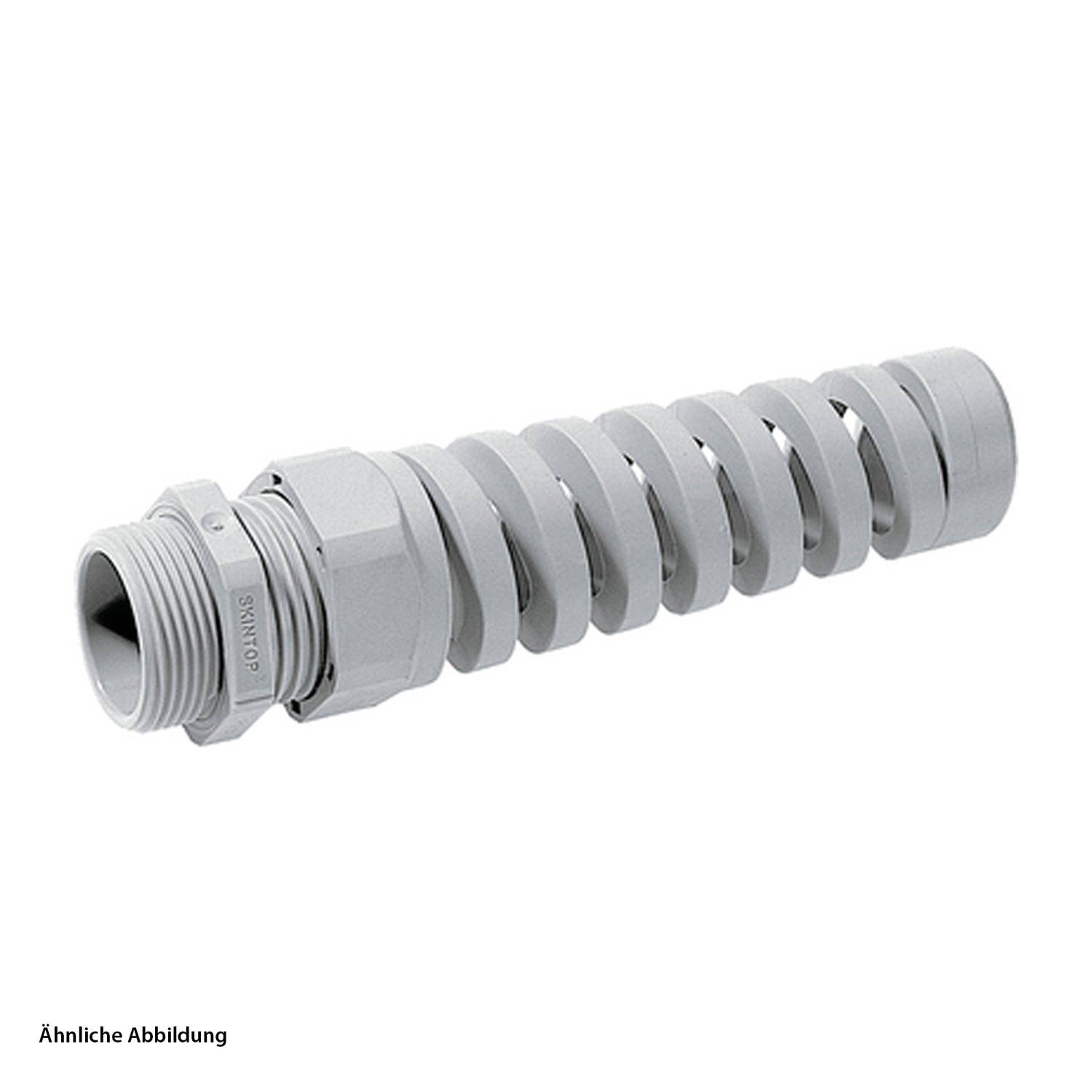 Ein grauer Kunststoffschlauchverschraubung und Zugentlastungsstecker mit spiralgerilltem Design für flexible Kabelführung.