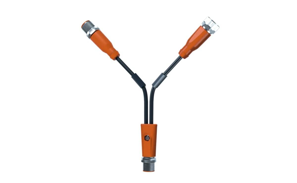 Ein orange-schwarzer Koaxialkabel-Verteiler mit zwei Ausgängen zum Anschluss von Geräten.