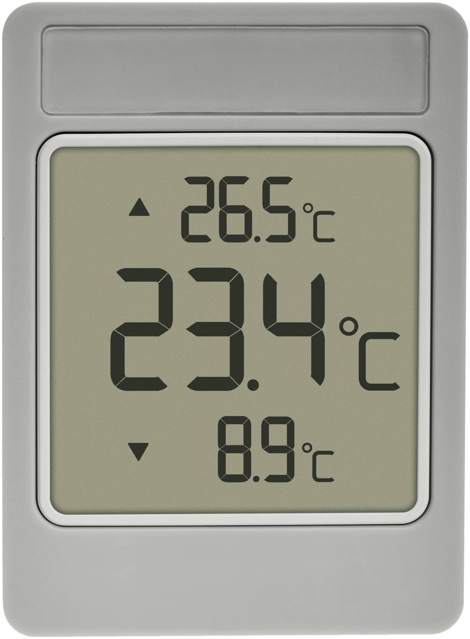 Ein digitales Thermometer-Display zeigt drei Temperaturen an: „26,5°C