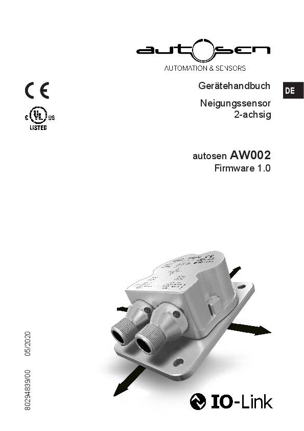 Neigungssensor 2 Achsen +/-45° - ± 45° - Kontakte vergoldet,4-Polig,2 x M12 - AW002 - autosen