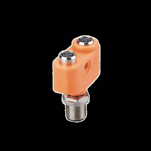 Orange Dualsensor mit Metallbasis und zwei Öffnungen, für industrielle Anwendungen, auf schwarzem Hintergrund.