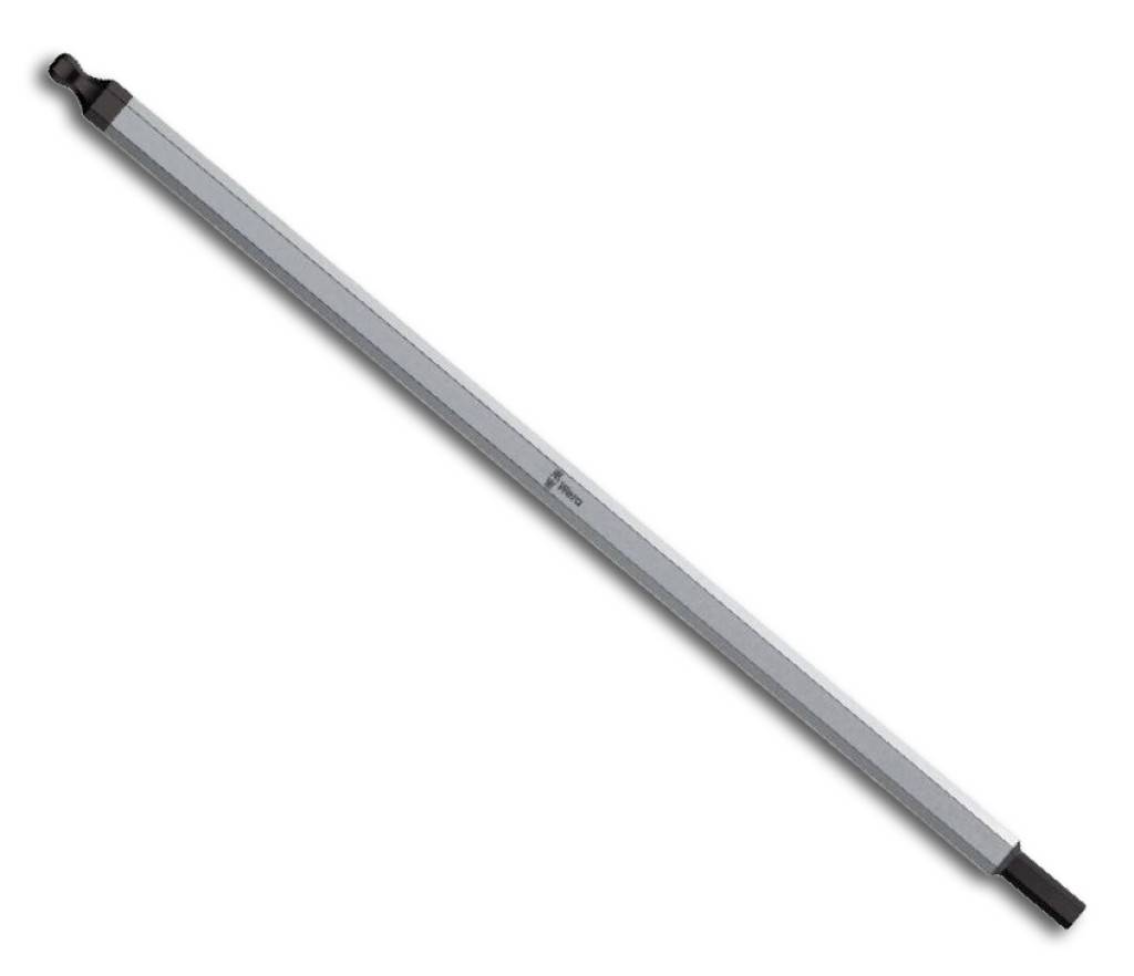 Silberne Teleskopstange aus Metall mit schwarzen Endkappen, diagonal auf einem weißen Hintergrund dargestellt.