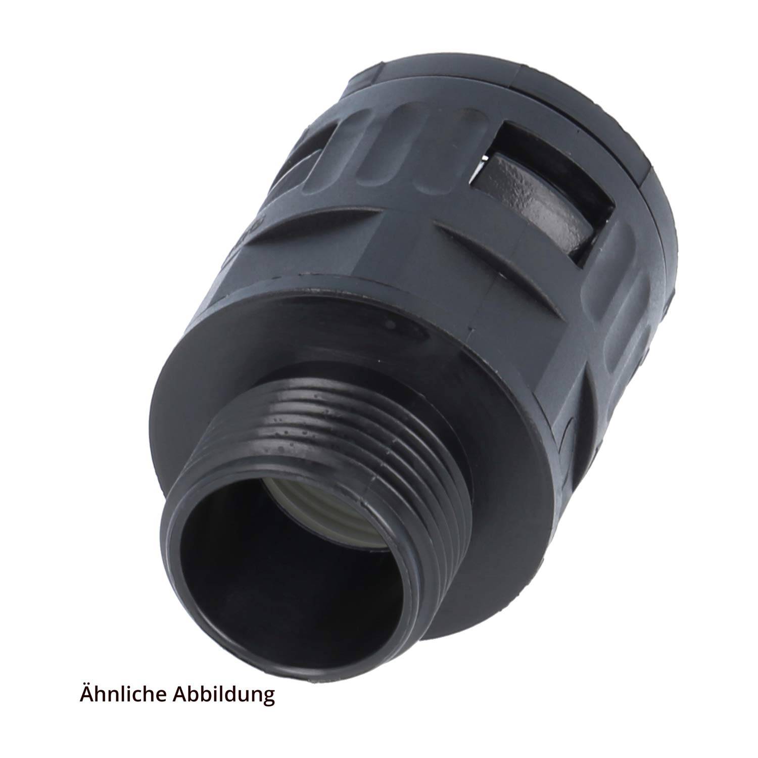 Ein zylindrischer schwarzer Kunststoffstecker mit Gewinde und Schlitzen zur Befestigung.