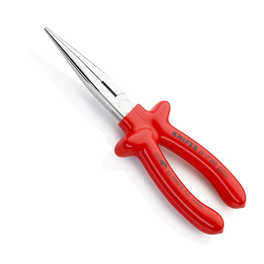 Rot-griffige KNIPEX Langbeckzange mit spitzen Metallbacken auf weißem Hintergrund.