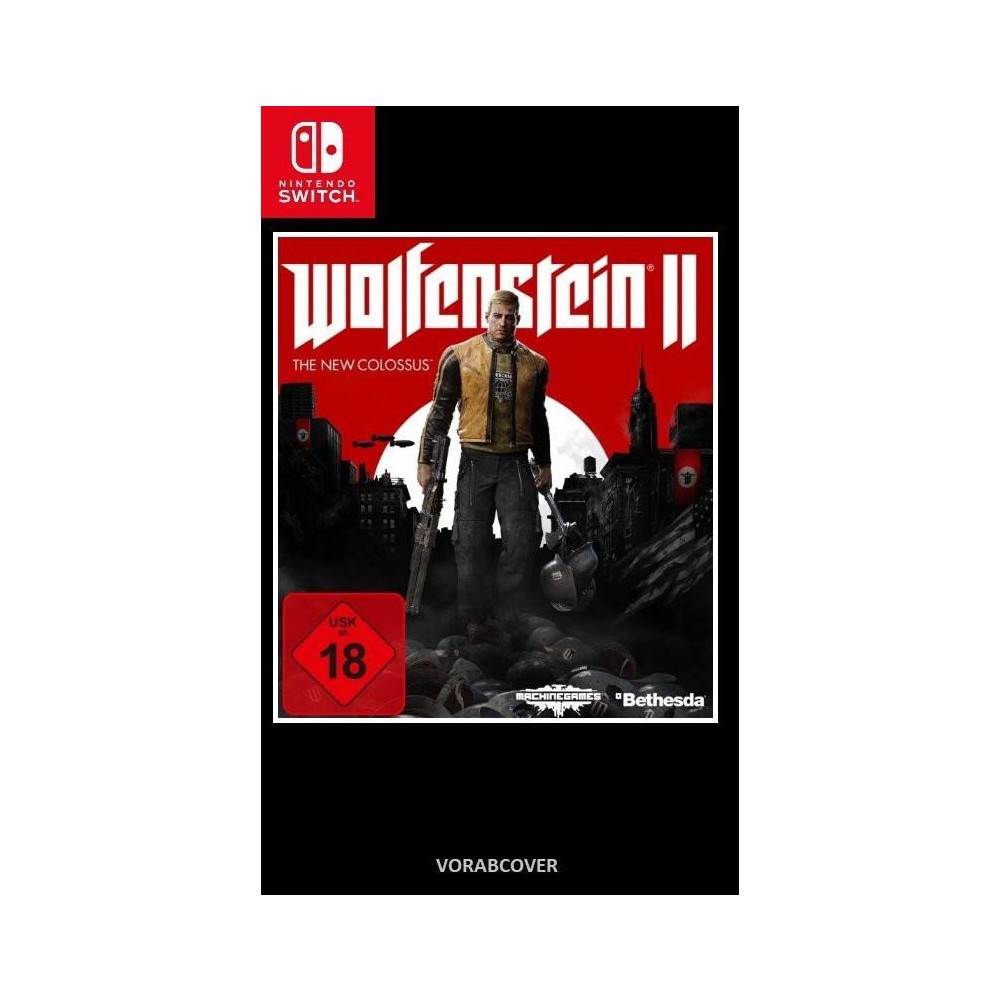 Nintendo Switch-Coverart für Wolfenstein II: The New Colossus, das den bewaffneten Protagonisten vor einem rot-schwarzen, kriegszerstörten Hintergrund zeigt, mit Altersfreigabe 18.