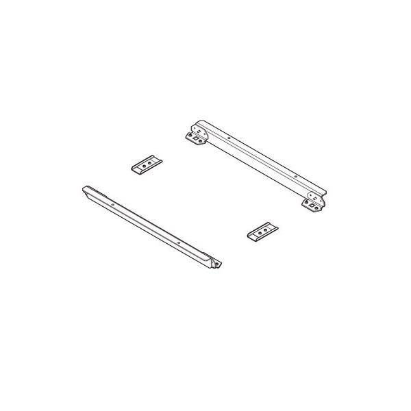 Diagramm zweier horizontaler Metallstangen und zwei kleiner rechteckiger Platten, das eine Montageanordnung zur Strukturunterstützung veranschaulicht.