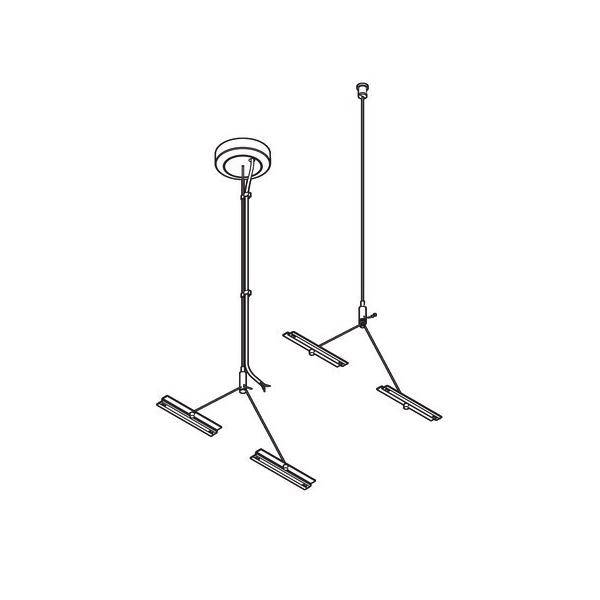 „Linienzeichnung von zwei an der Decke montierten Schienensystemen mit verstellbaren Armen und je drei rechteckigen Leuchtkörpern auf jeder Schiene.