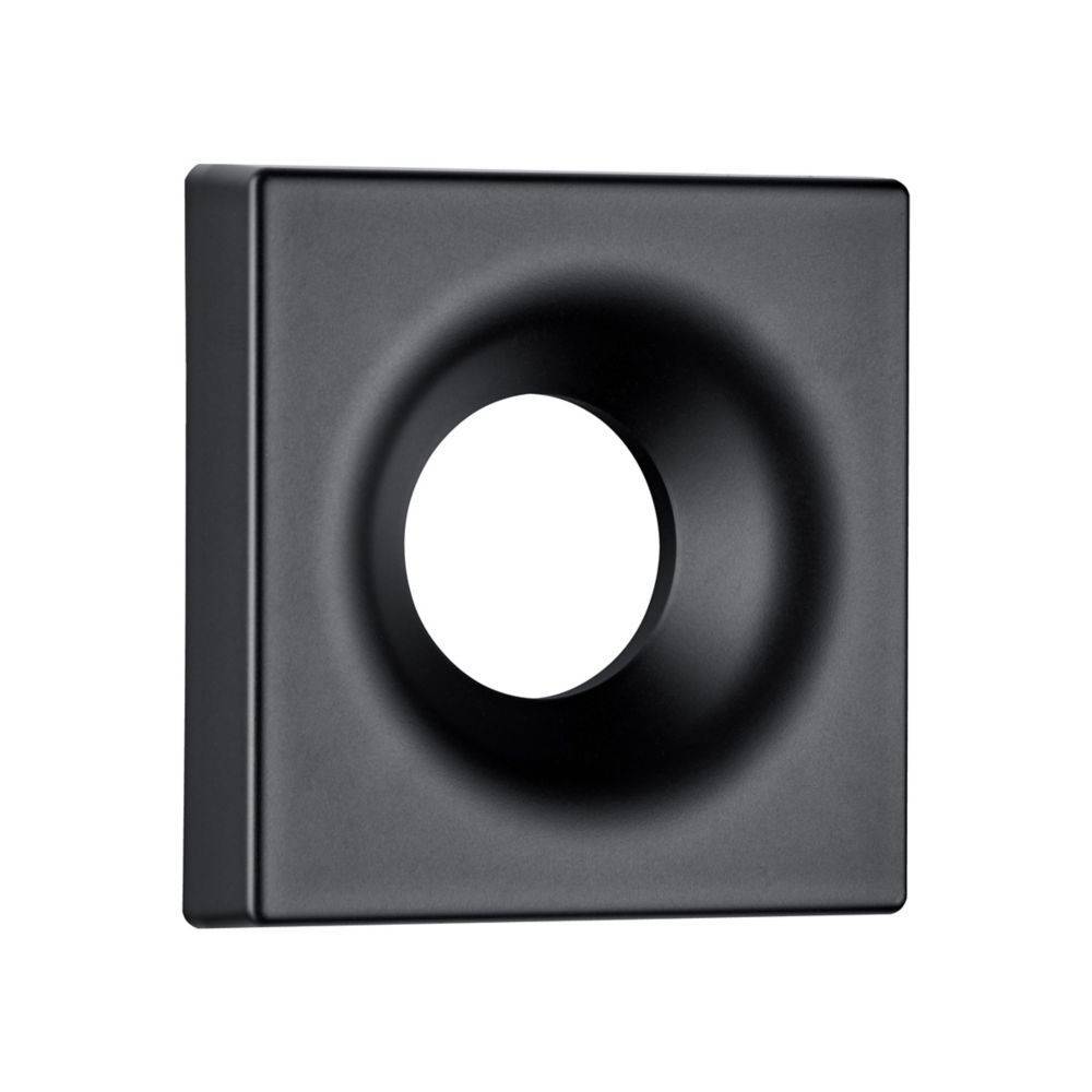 Ein schwarzes quadratisches Objekt mit einem runden zentralen Loch, das wie ein modernes minimalistisches Design-Accessoire oder eine Skulptur aussieht.